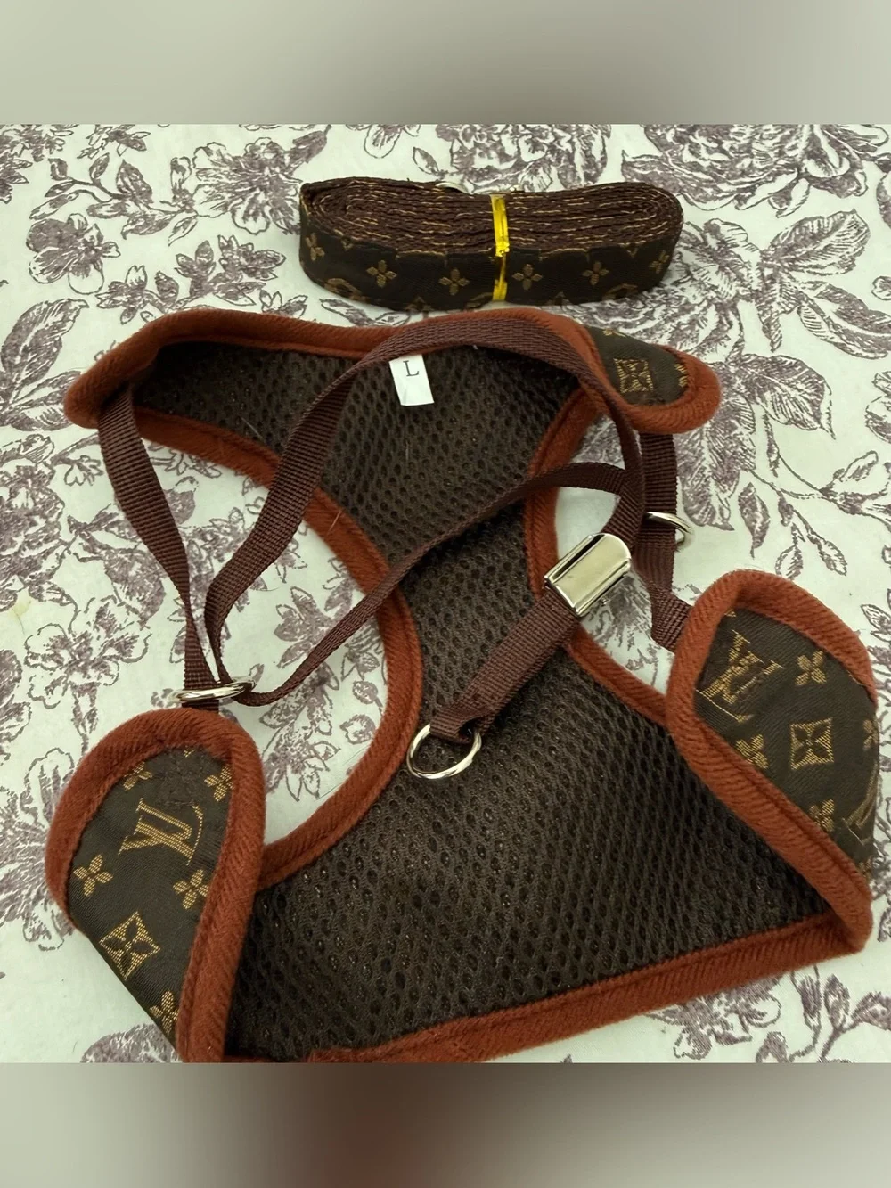 LV Brown & Tan Pet Harness with Silver Hardware size L for small breeds